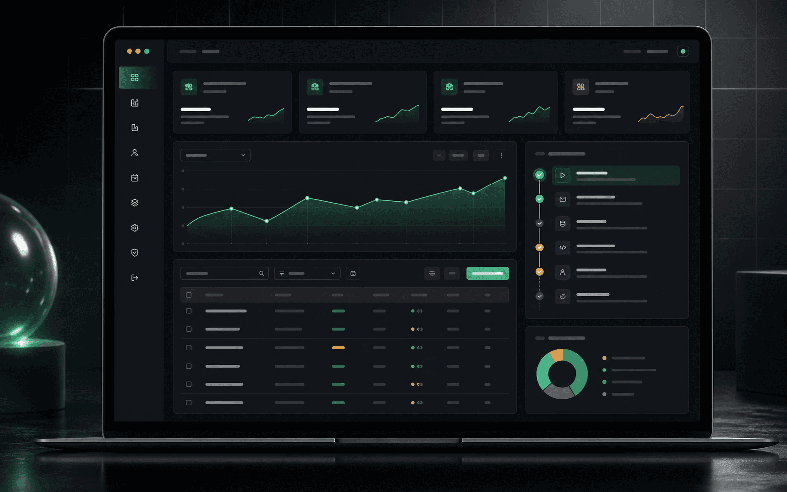 Aperçu IA d'un dashboard d'opérations avec cartes KPI, graphiques, table et workflow.