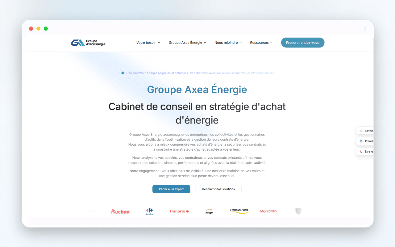 Preview du site Groupe Axea Énergie avec hero clair, navigation, CTA et boutons de contact.