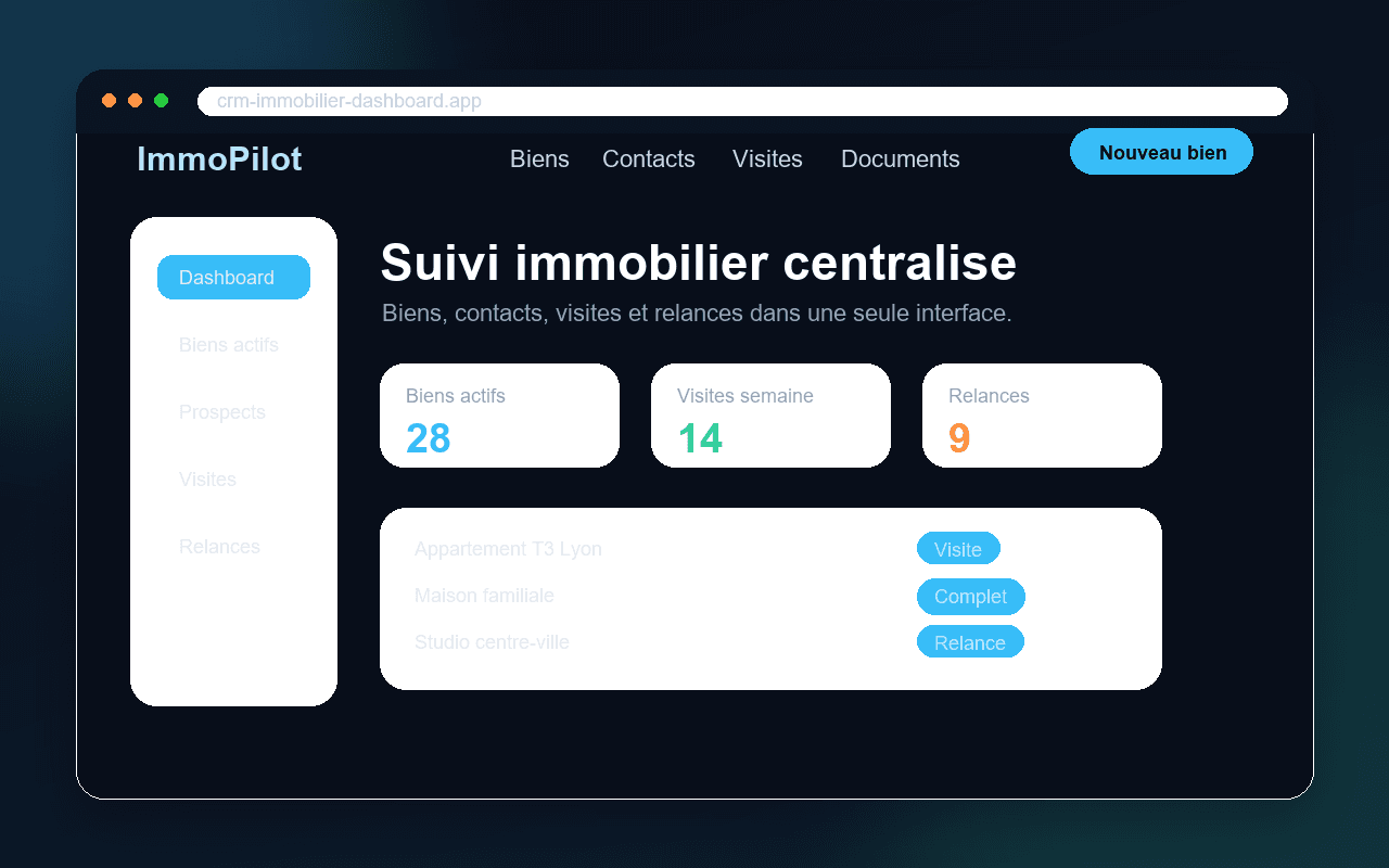 Preview d'un mini CRM immobilier sombre avec sidebar, KPI, biens actifs et statuts de visites.