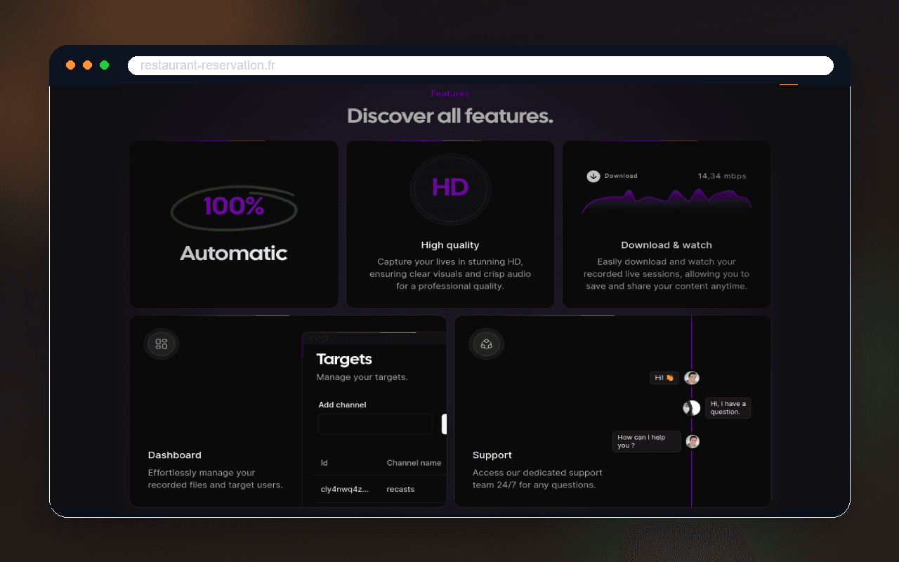 Preview de Recasts avec cartes de fonctionnalités, dashboard de cibles, téléchargement et support.